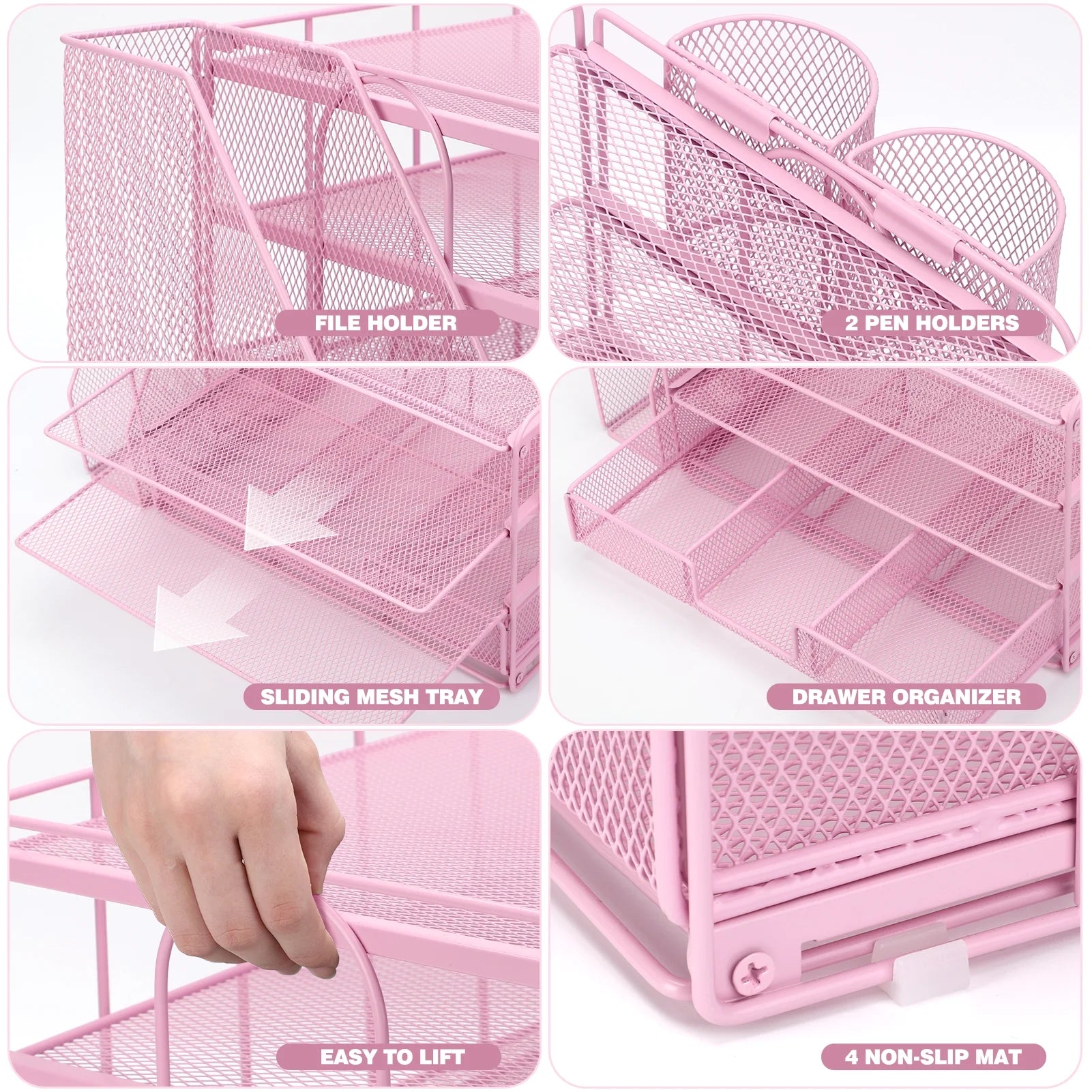 Desktop Organizer 4-Tier Desk Organizers Sets and Storage, File Organizers for Desk Drawer Organizer, Paper Organizer for Desk (Pink)
