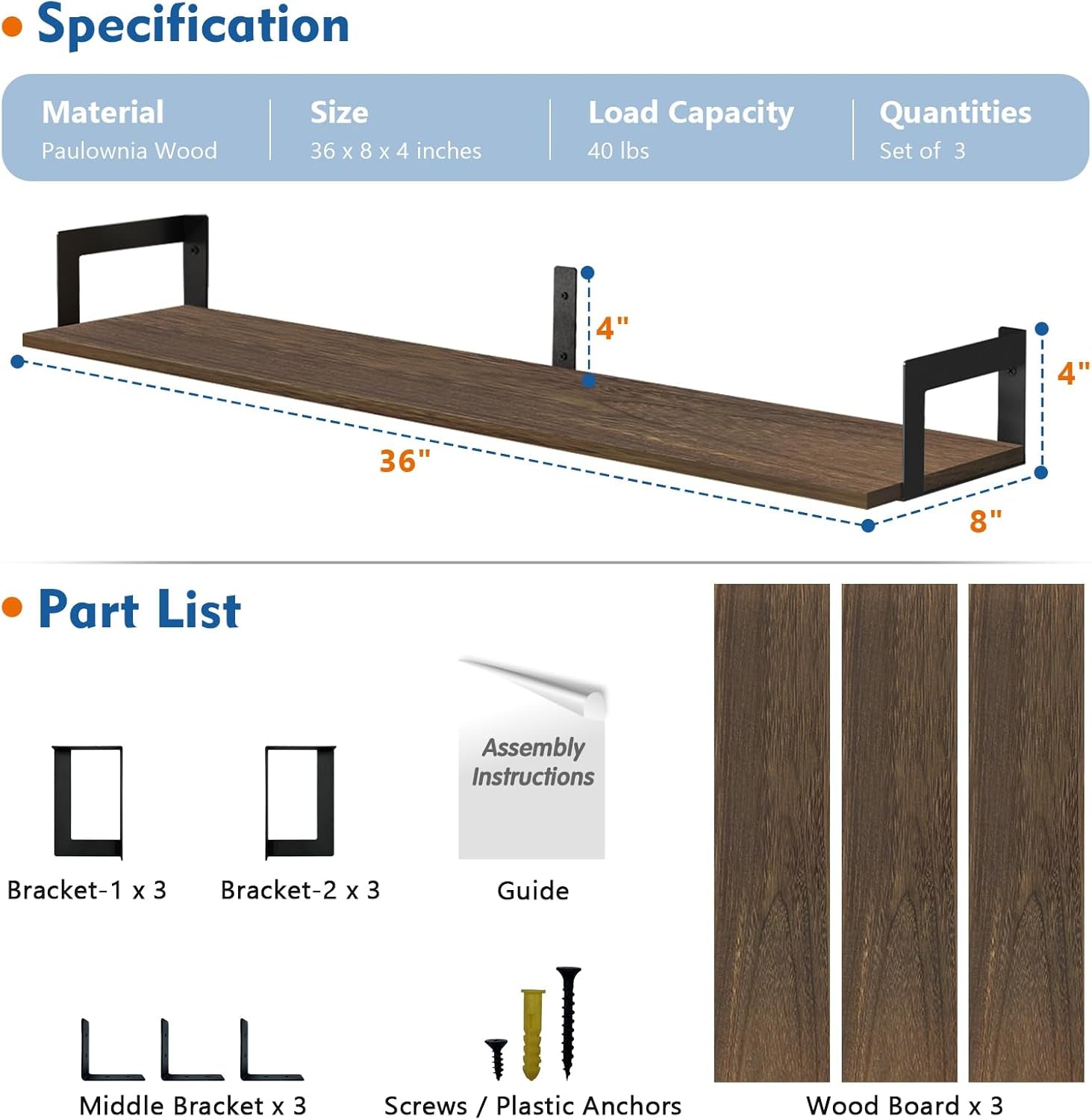 Floating Shelves for Wall 36 Inches Long 8 Inch Deep, Large Wall Book Shelves Fo