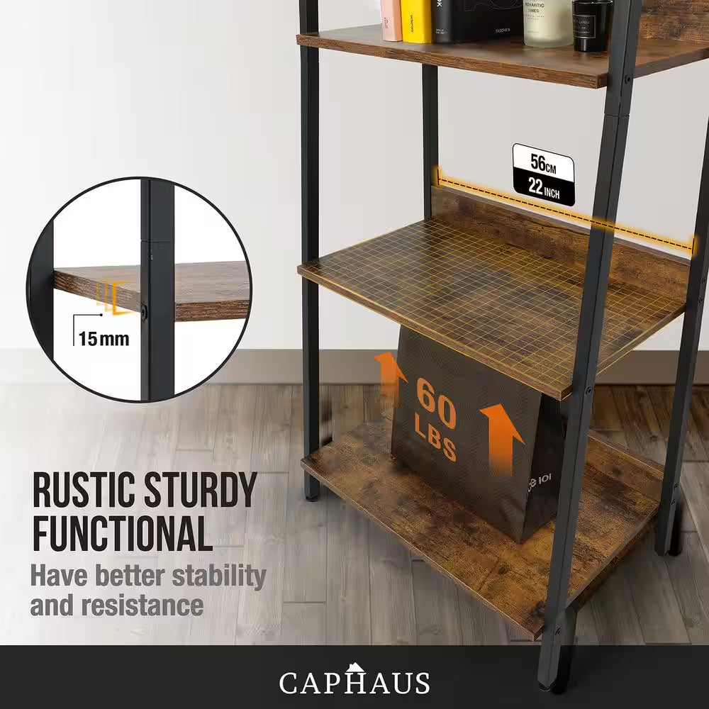 52 In. Industrial Book Shelves, 24 In. Width 4-Shelf Ladder Bookcase for Home Office, Living Room and Kitchen