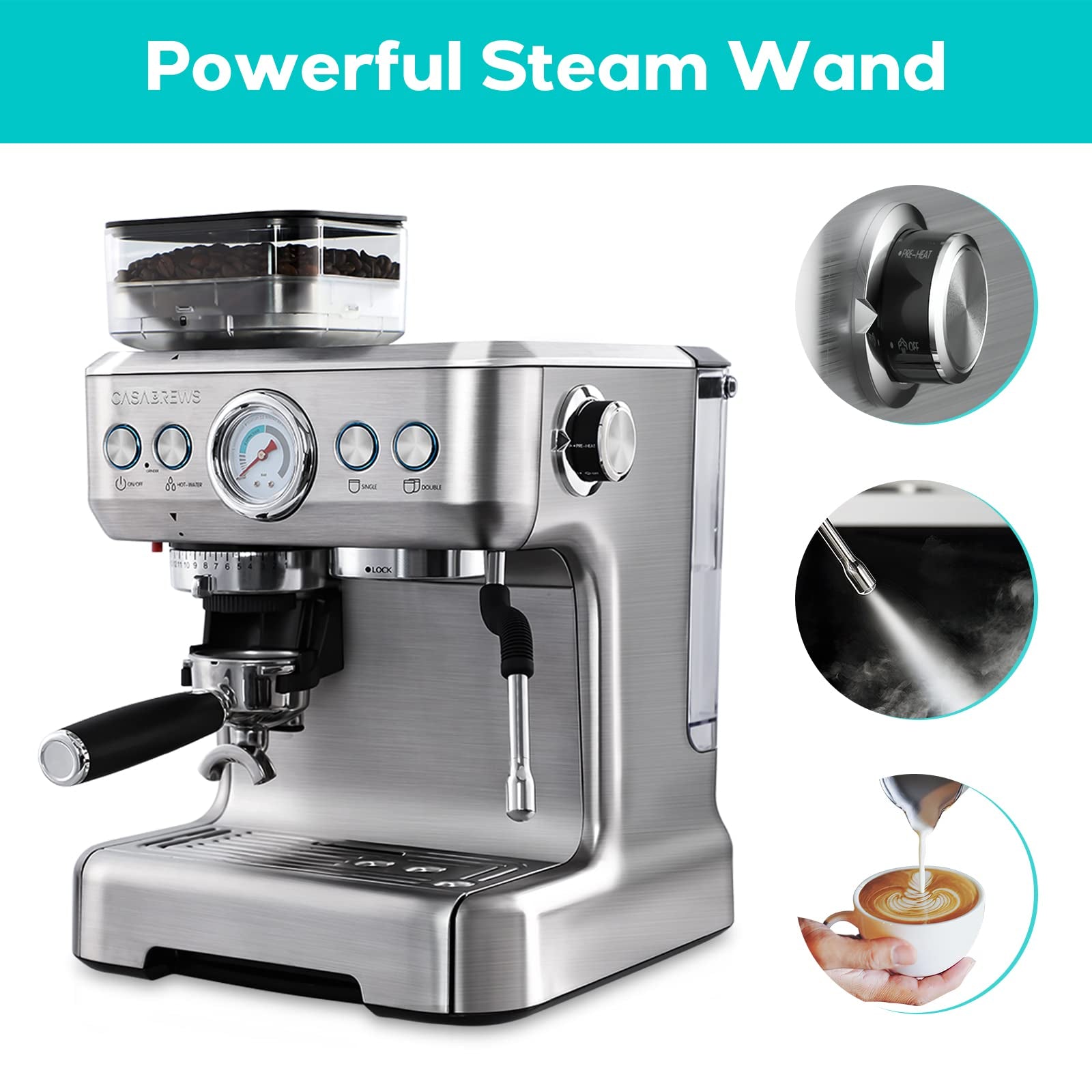Espresso Machine with Grinder, Professional Espresso Coffee Maker with Milk Frother Steam Wand