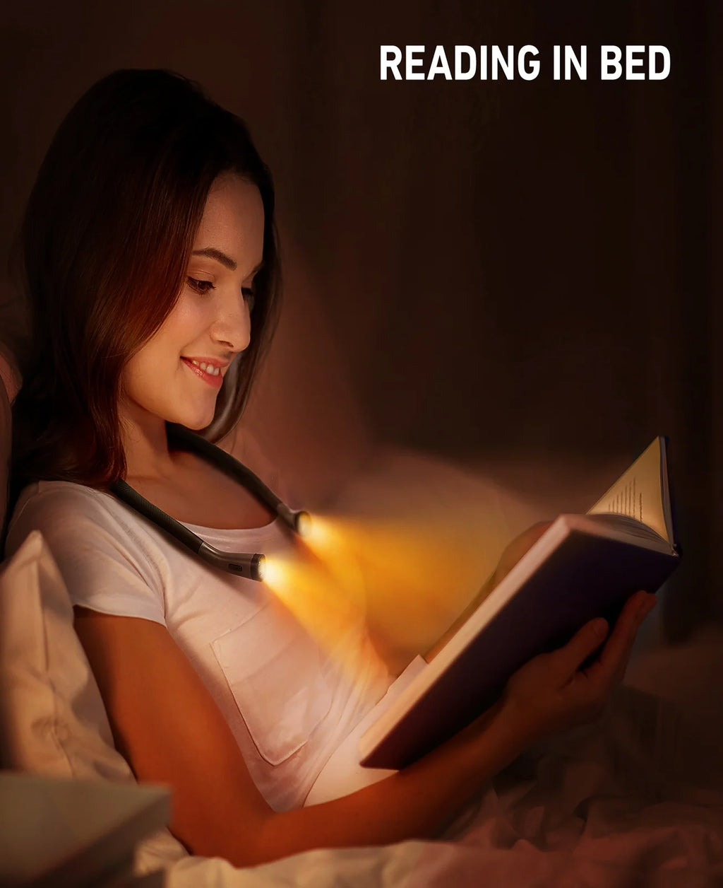 Neck Reading Light Rechargeable, 6 Brightness Levels & 3 Colors Amber Book Light for Reading in Bed, 80H Reading, Bendable Long Arms