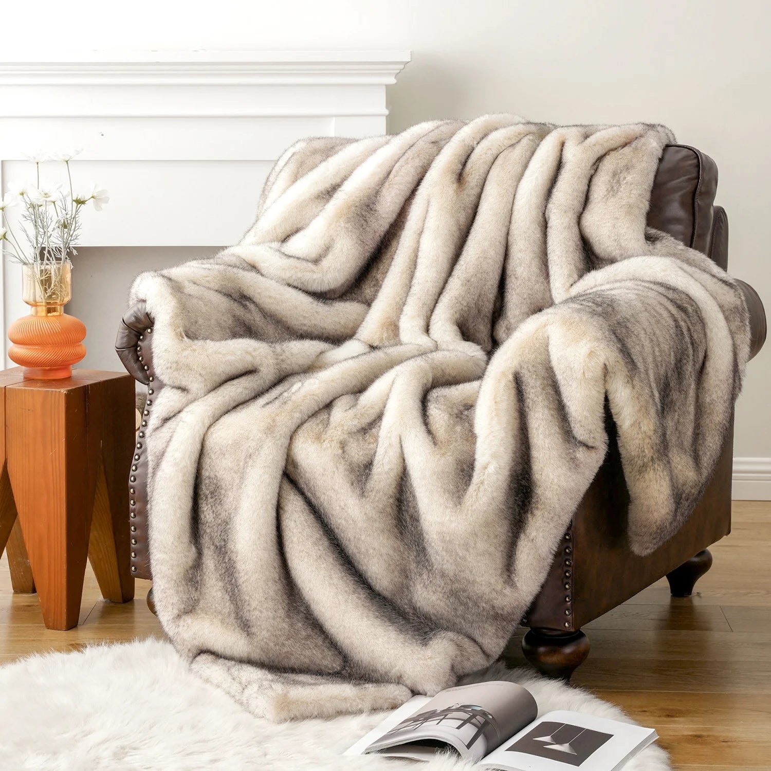Luxury Cream Faux Fur Throw Blanket,Large Mink Fur Blanket,Soft Fuzzy Thick Fur Throw,60"X80"