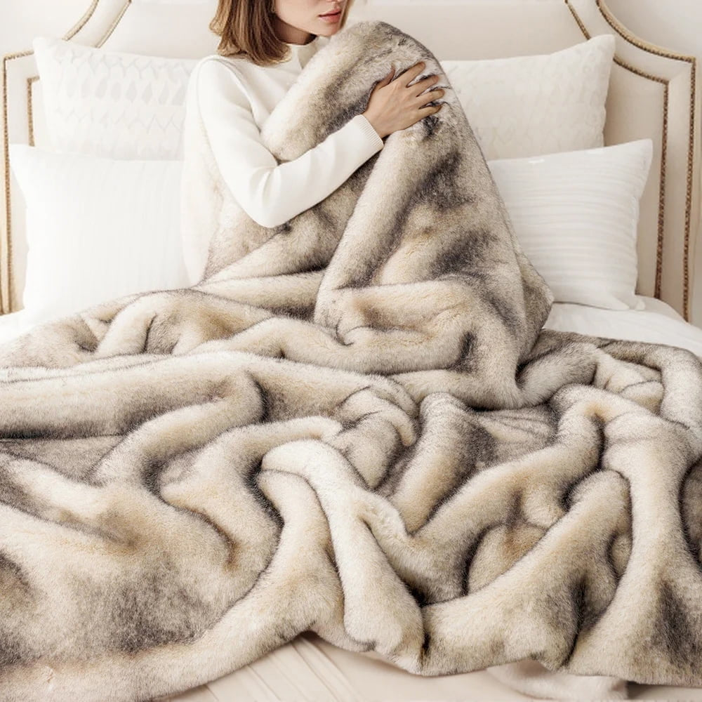 Luxury Cream Faux Fur Throw Blanket,Large Mink Fur Blanket,Soft Fuzzy Thick Fur Throw,60"X80"