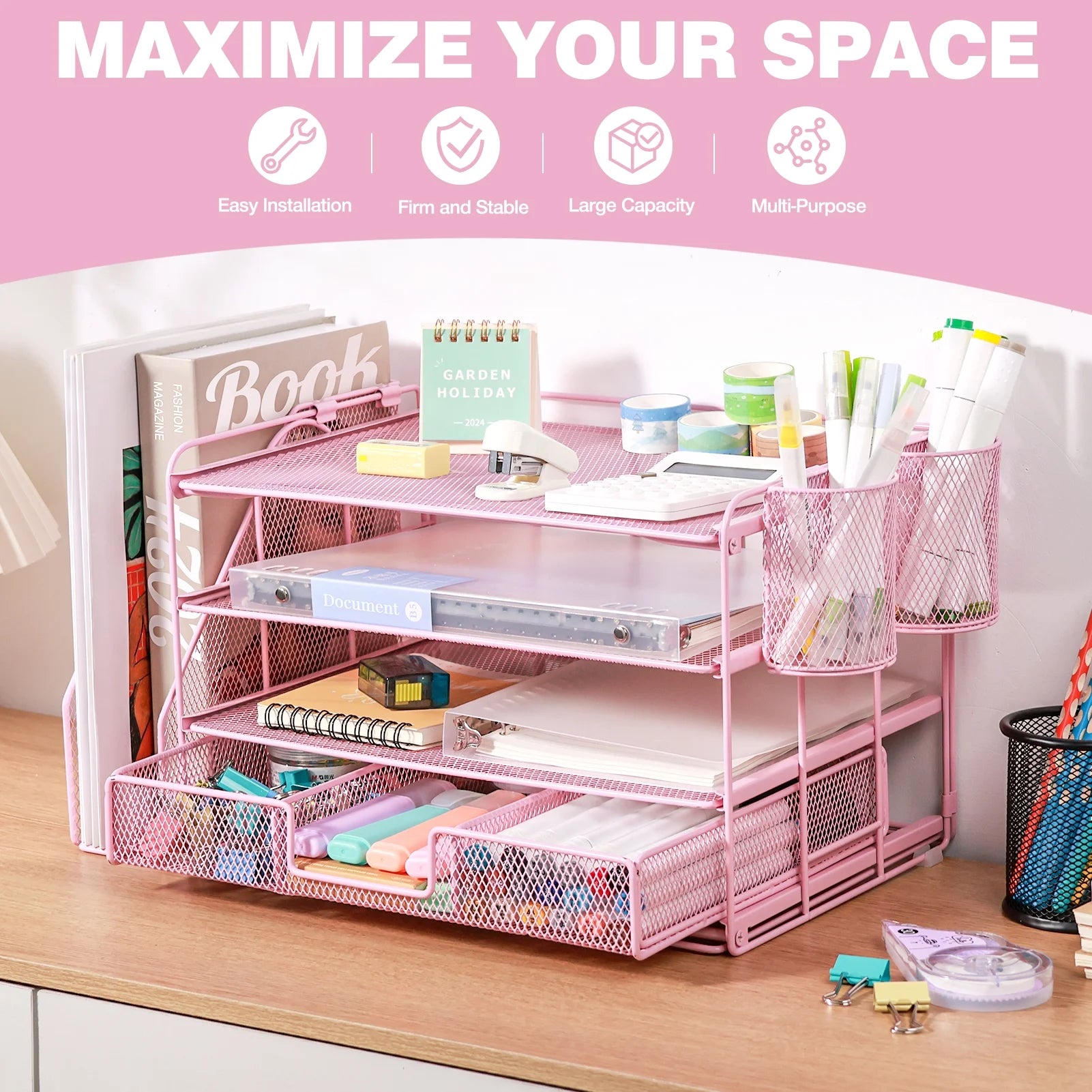 Desktop Organizer 4-Tier Desk Organizers Sets and Storage, File Organizers for Desk Drawer Organizer, Paper Organizer for Desk (Pink)