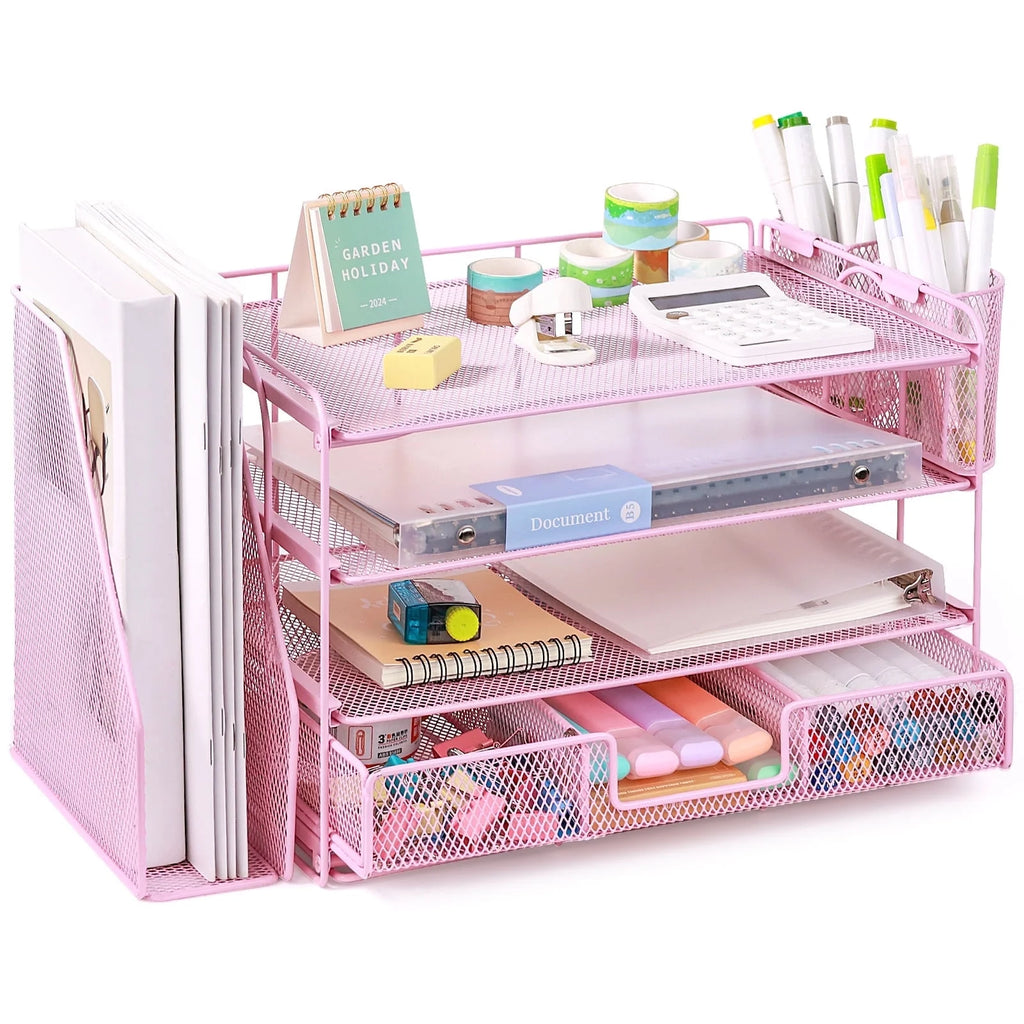 Desktop Organizer 4-Tier Desk Organizers Sets and Storage, File Organizers for Desk Drawer Organizer, Paper Organizer for Desk (Pink)