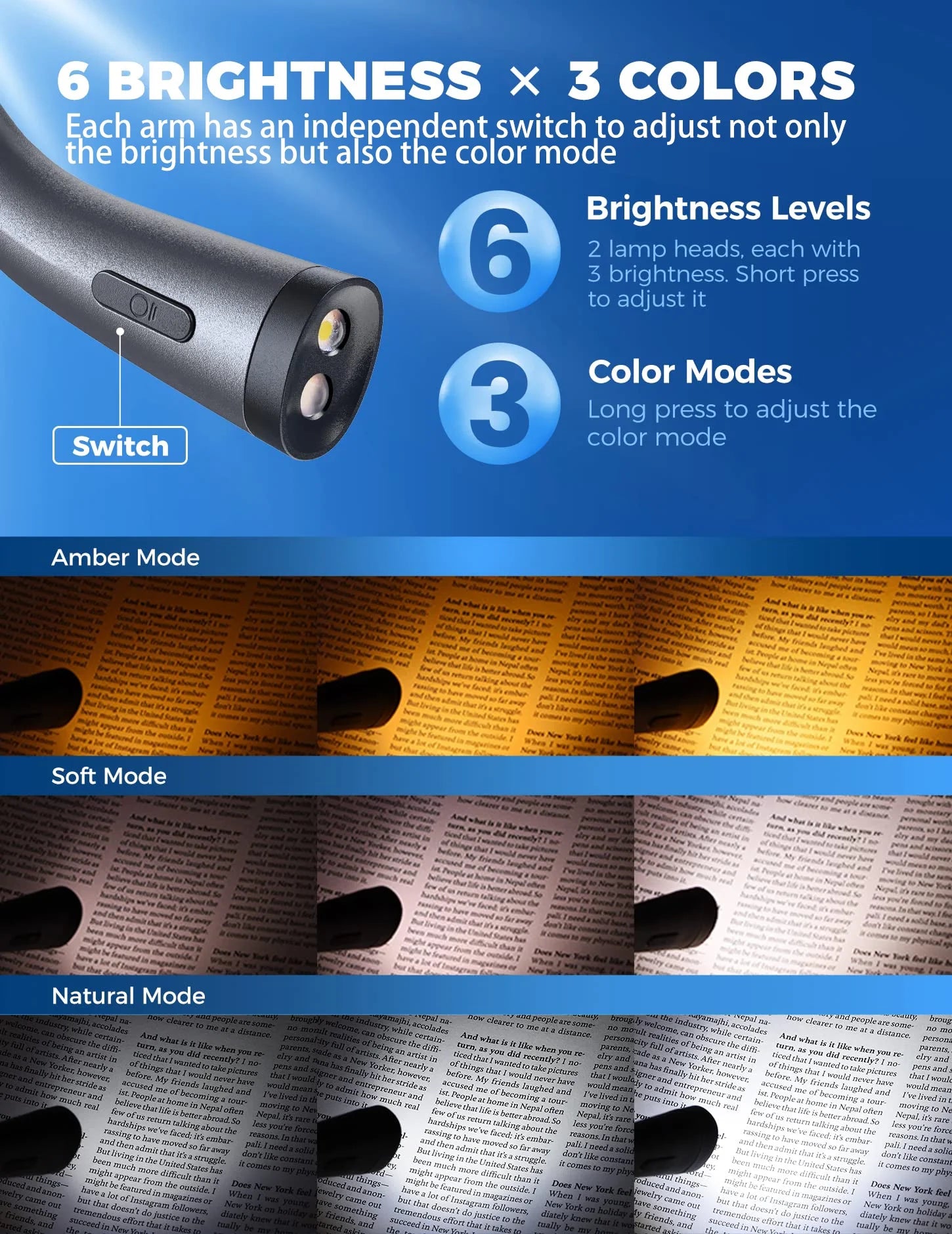 Neck Reading Light Rechargeable, 6 Brightness Levels & 3 Colors Amber Book Light for Reading in Bed, 80H Reading, Bendable Long Arms