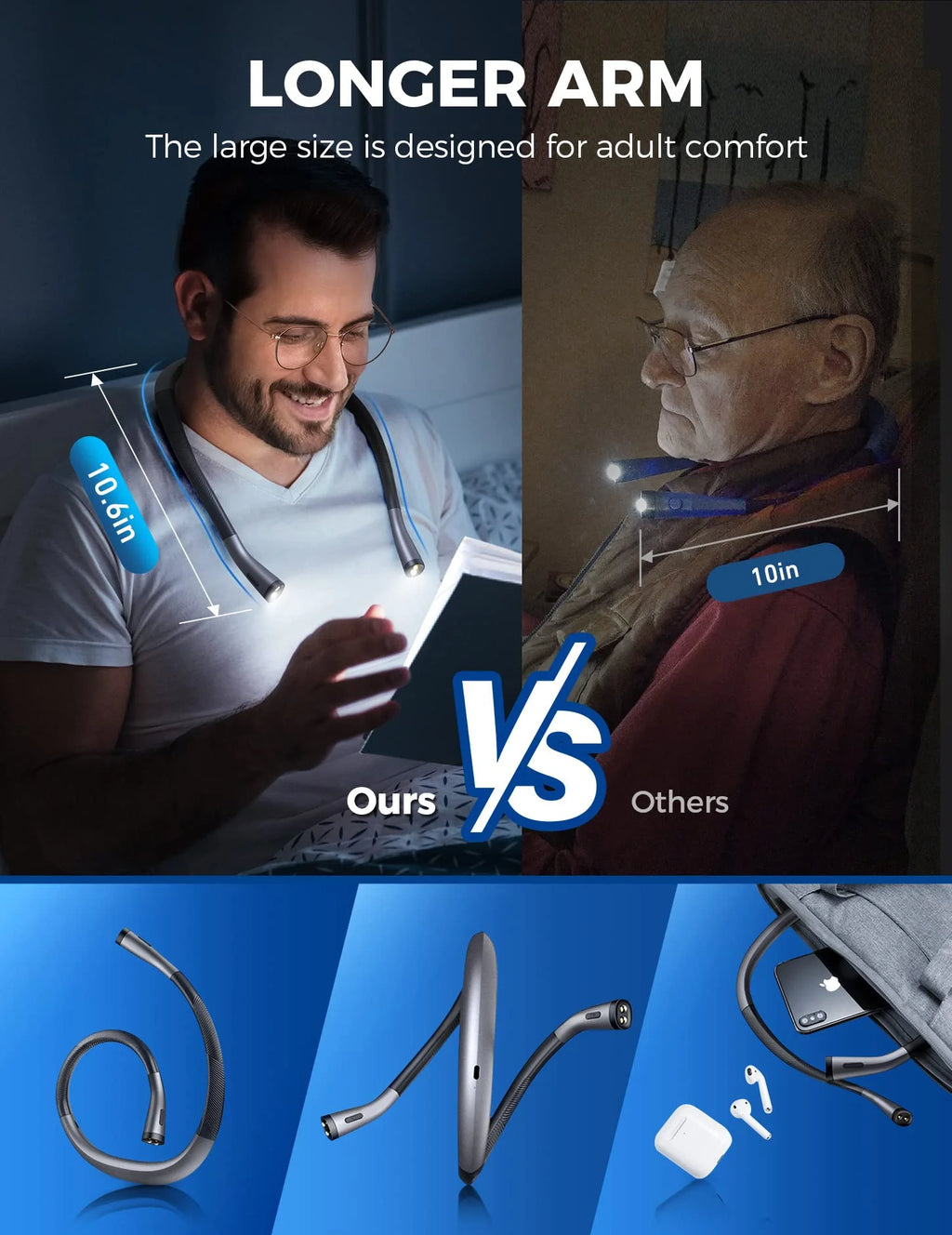 Neck Reading Light Rechargeable, 6 Brightness Levels & 3 Colors Amber Book Light for Reading in Bed, 80H Reading, Bendable Long Arms