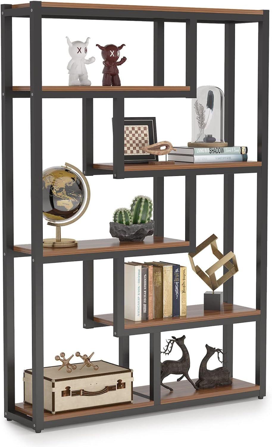6-Shelf Industrial Bookshelf, Vintage Etagere Bookcase, 69 Inch Tall Storage Display Staggered Shelves with Sturdy Metal Frame for Home Office, Dark Walnut