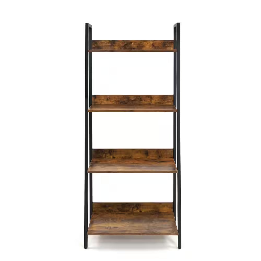52 In. Industrial Book Shelves, 24 In. Width 4-Shelf Ladder Bookcase for Home Office, Living Room and Kitchen