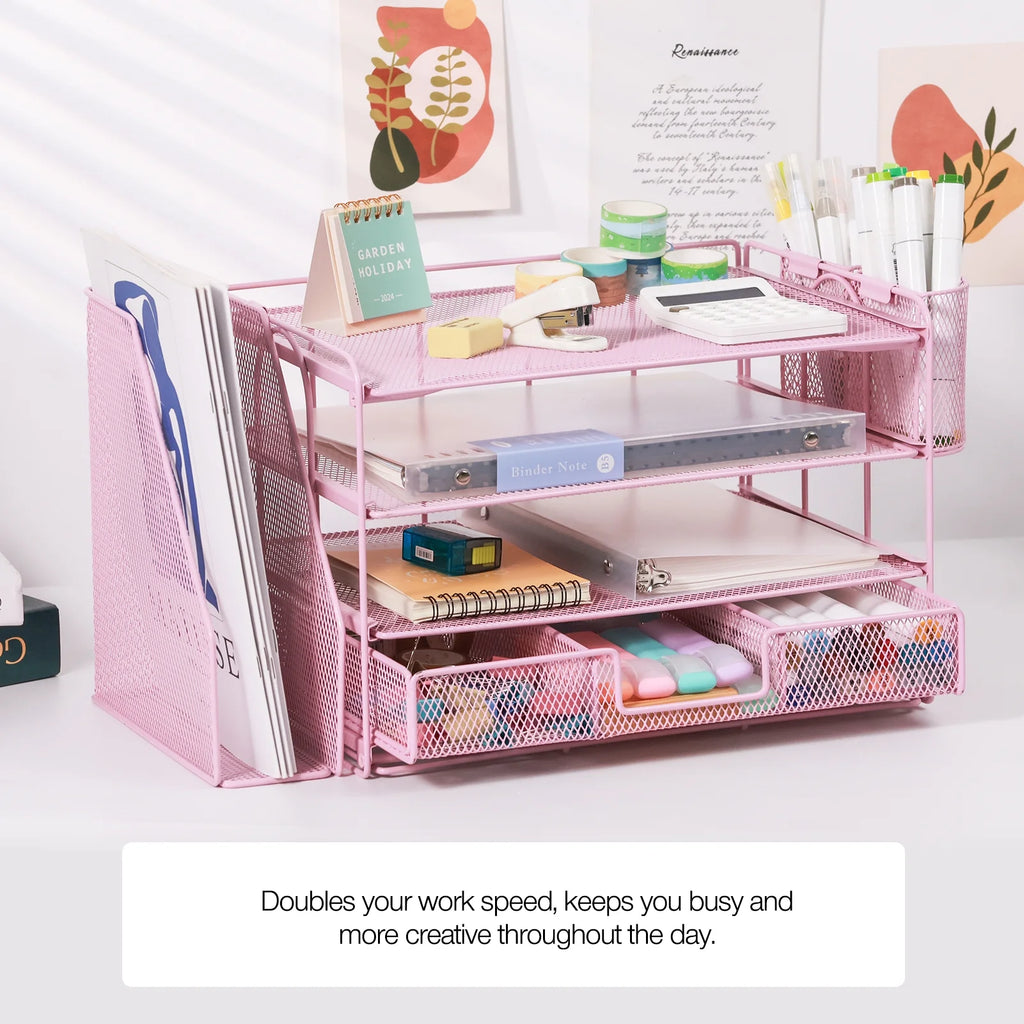 Desktop Organizer 4-Tier Desk Organizers Sets and Storage, File Organizers for Desk Drawer Organizer, Paper Organizer for Desk (Pink)