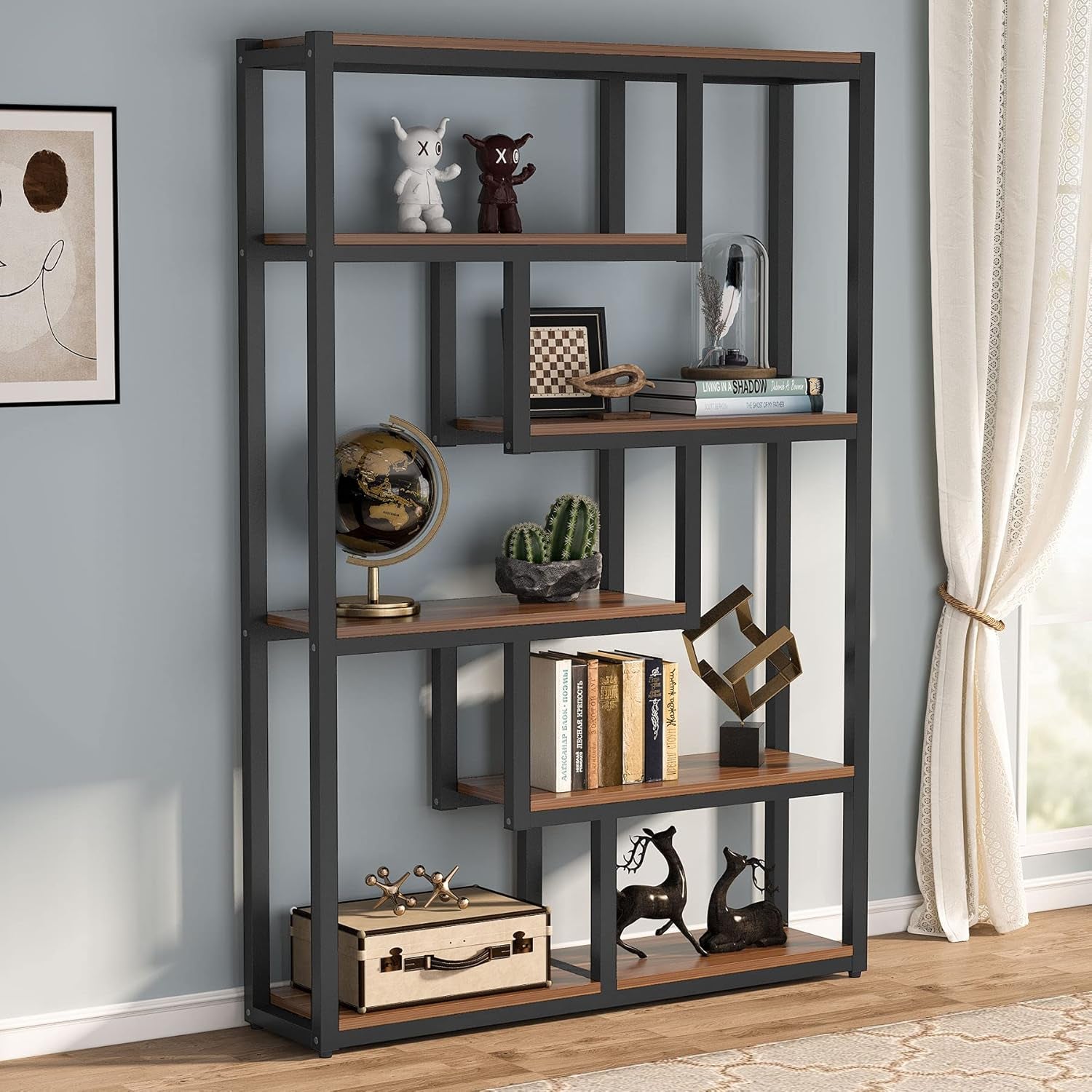 6-Shelf Industrial Bookshelf, Vintage Etagere Bookcase, 69 Inch Tall Storage Display Staggered Shelves with Sturdy Metal Frame for Home Office, Dark Walnut
