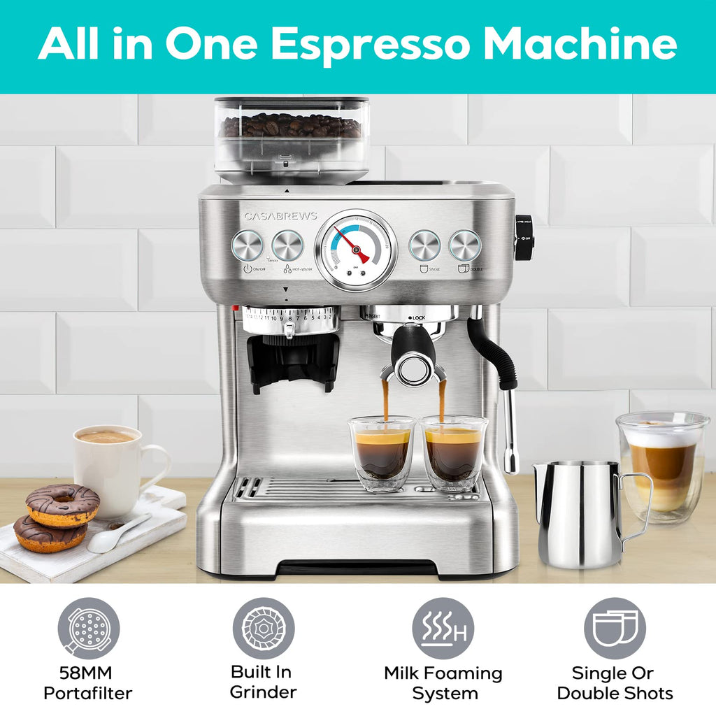 Espresso Machine with Grinder, Professional Espresso Coffee Maker with Milk Frother Steam Wand