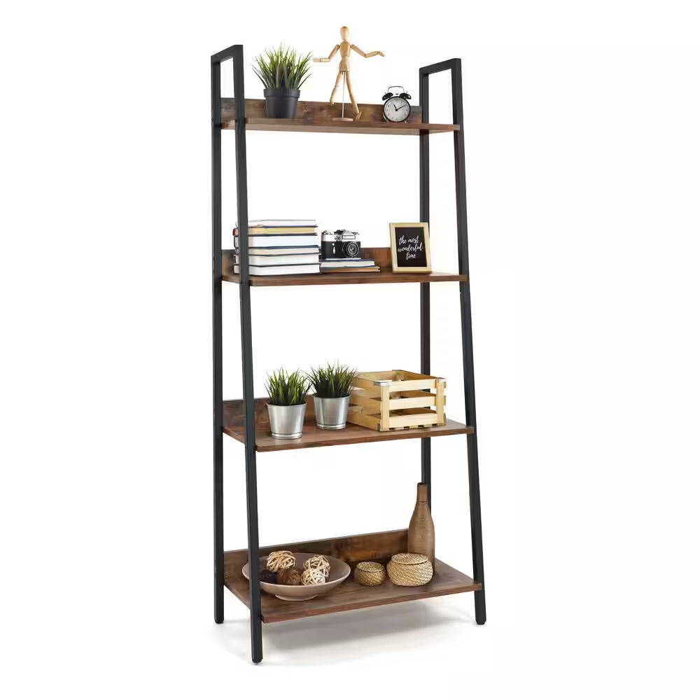 52 In. Industrial Book Shelves, 24 In. Width 4-Shelf Ladder Bookcase for Home Office, Living Room and Kitchen