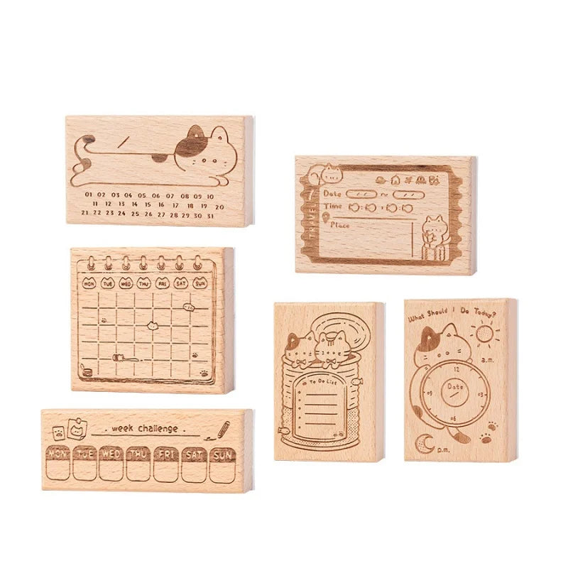 Memo Cat Box Wooden Hand Account Seal Retro Cat Schedule Plan Beech Wood Seal Daily Memo Seal School Supplies Assorted Stamp
