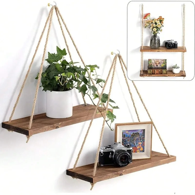 1PC Wooden Swing Hanging Hemp Rope Wall Shelf – Mounted Floating Plant Flower Pot Tray for Storage & Garden Decoration