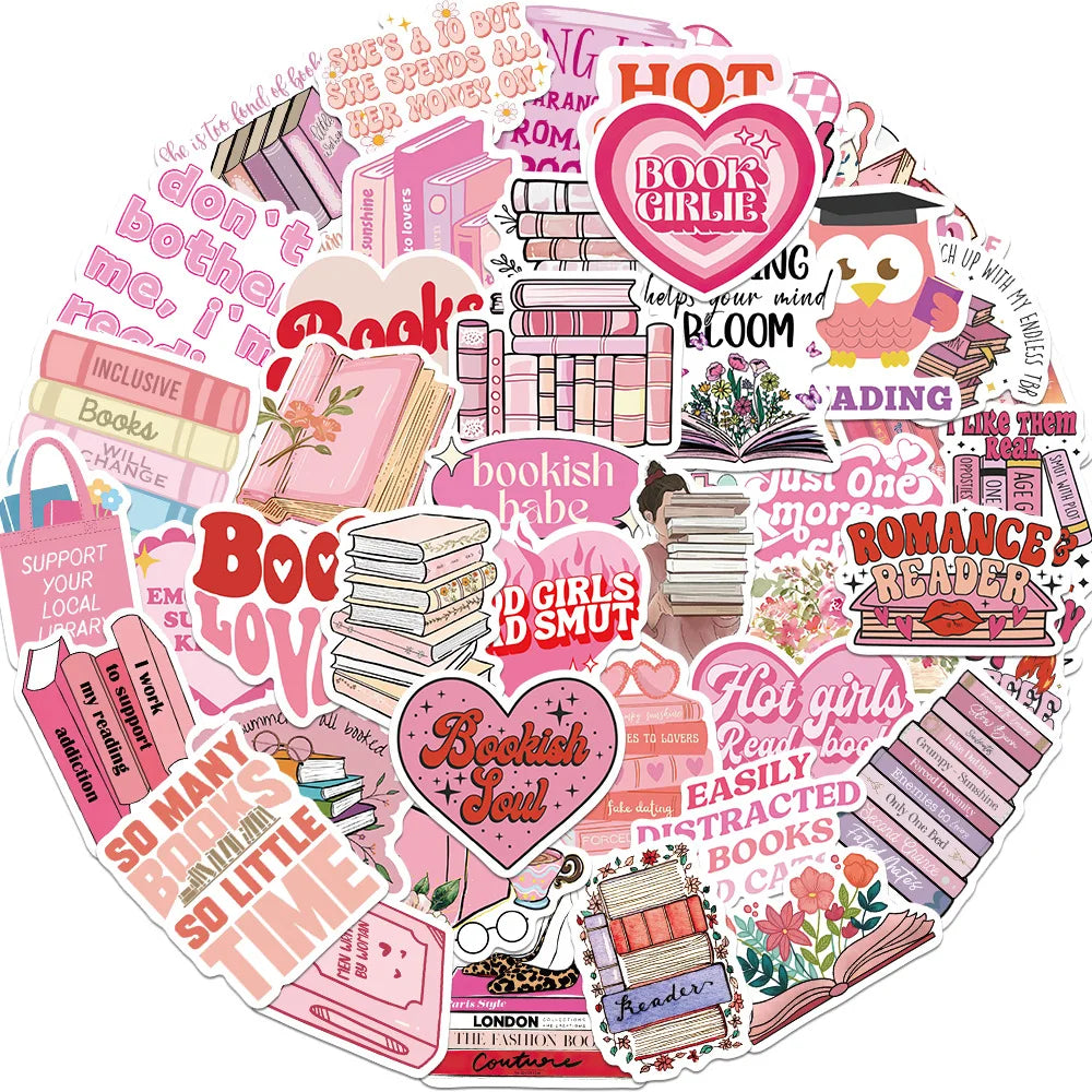 10/25/50pcs Pink Book Reading Graffiti Stickers for DIY Decor Stationery Suitcase Bottle Phone Laptop Skateboard Scrapbooking