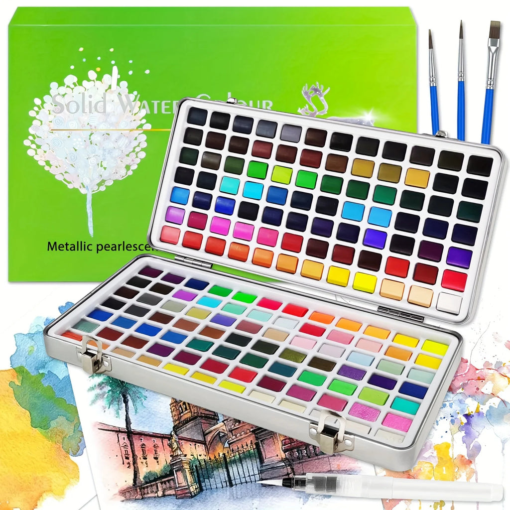 Deluxe Watercolor Paint Set with Brushes and Pencil 168 Vibrant Colors Non-Toxic Portable Metal Case Complete Art Supplies Kit