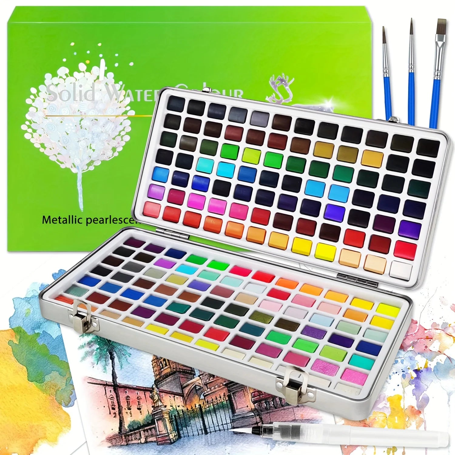 168-Color Deluxe Watercolor Paint Set with Brushes & Sketch Pencil | Non-Toxic Portable Metal Case | Complete Artist Painting Kit
