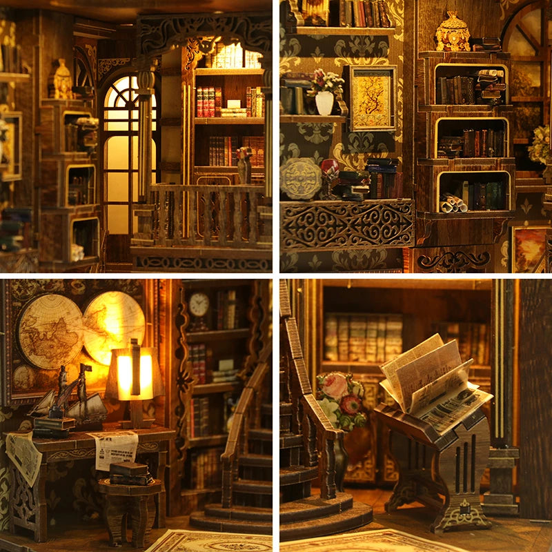 Wooden Mini Doll House DIY Book Nook Kit – Assembly Model 3D Puzzle Bookend Toys Bookshelf Insert Decor with LED Light for Xmas Gifts
