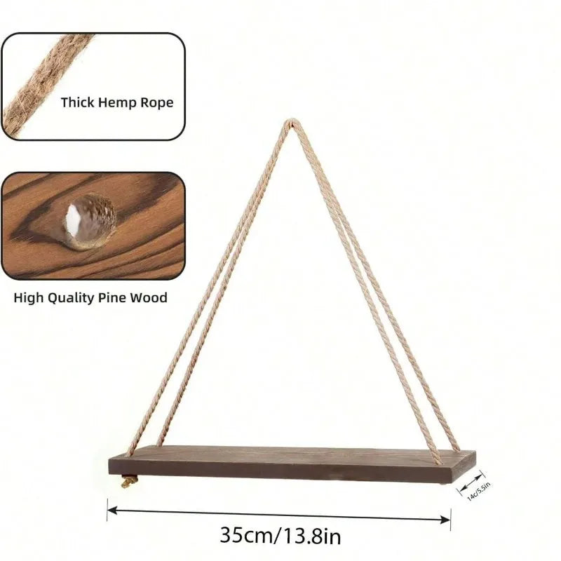 1PC Wooden Swing Hanging Hemp Rope Wall Shelf – Mounted Floating Plant Flower Pot Tray for Storage & Garden Decoration