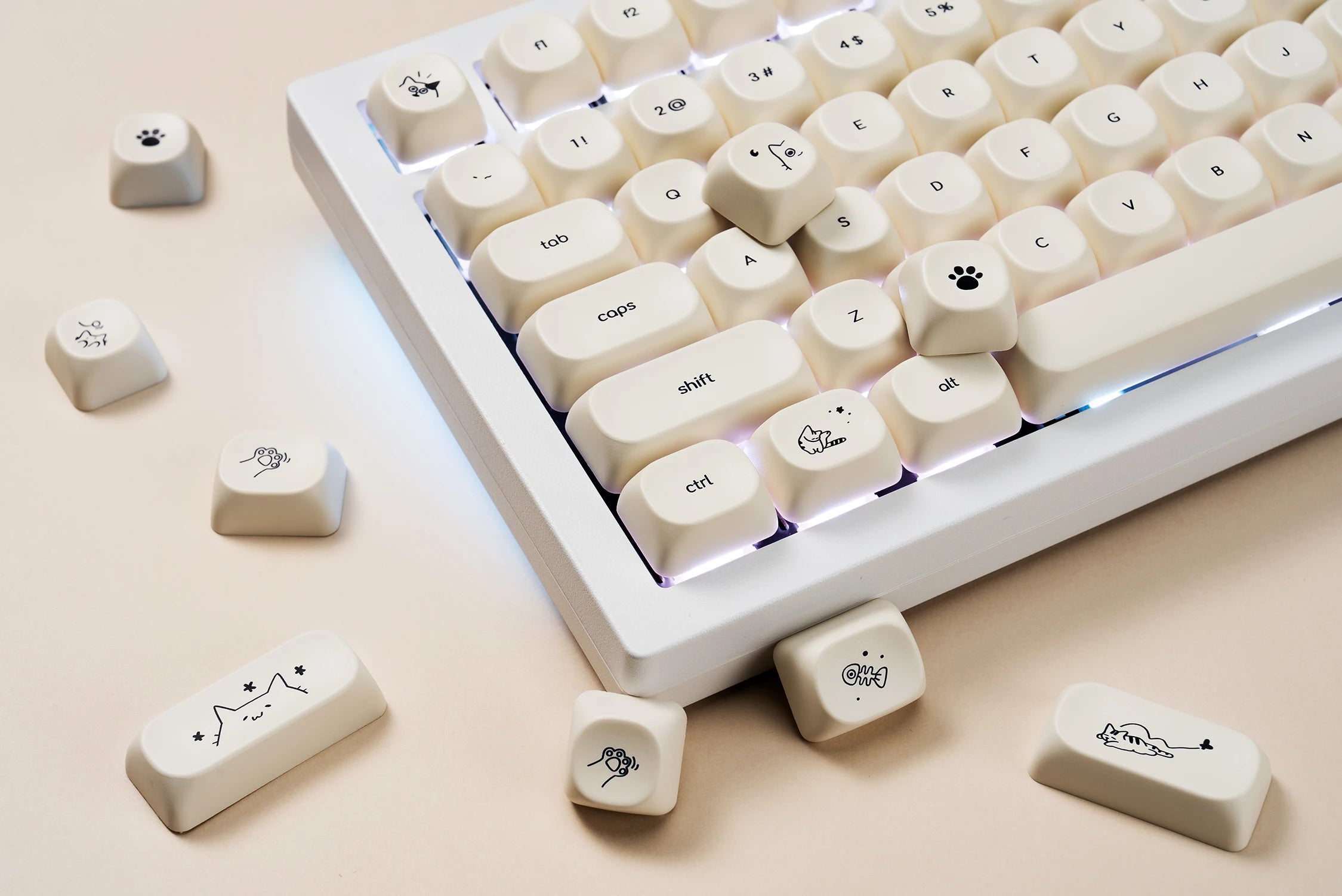 124 key Cute Cat Keycaps PBT Sublimation Moa Ball Cap White Minimalist Small Font Mechanical Keyboard Keycaps Korean English