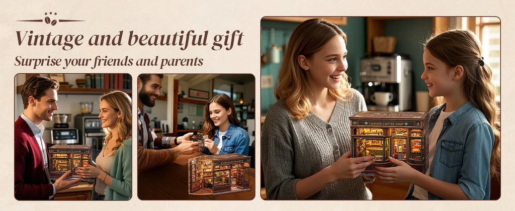 CUTEBEE Book Nook Kit DIY Doll House with LED Light Bookshelf Insert – Corner Coffee Shop Miniature Model for Birthday & Family Gifts