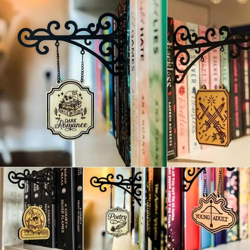 Book Nook Tavern Signs– Genre Shelf Labels with Hanging Brackets, Tavern-Style Book Nook Decor, Bookshelf Genre Signs for Home