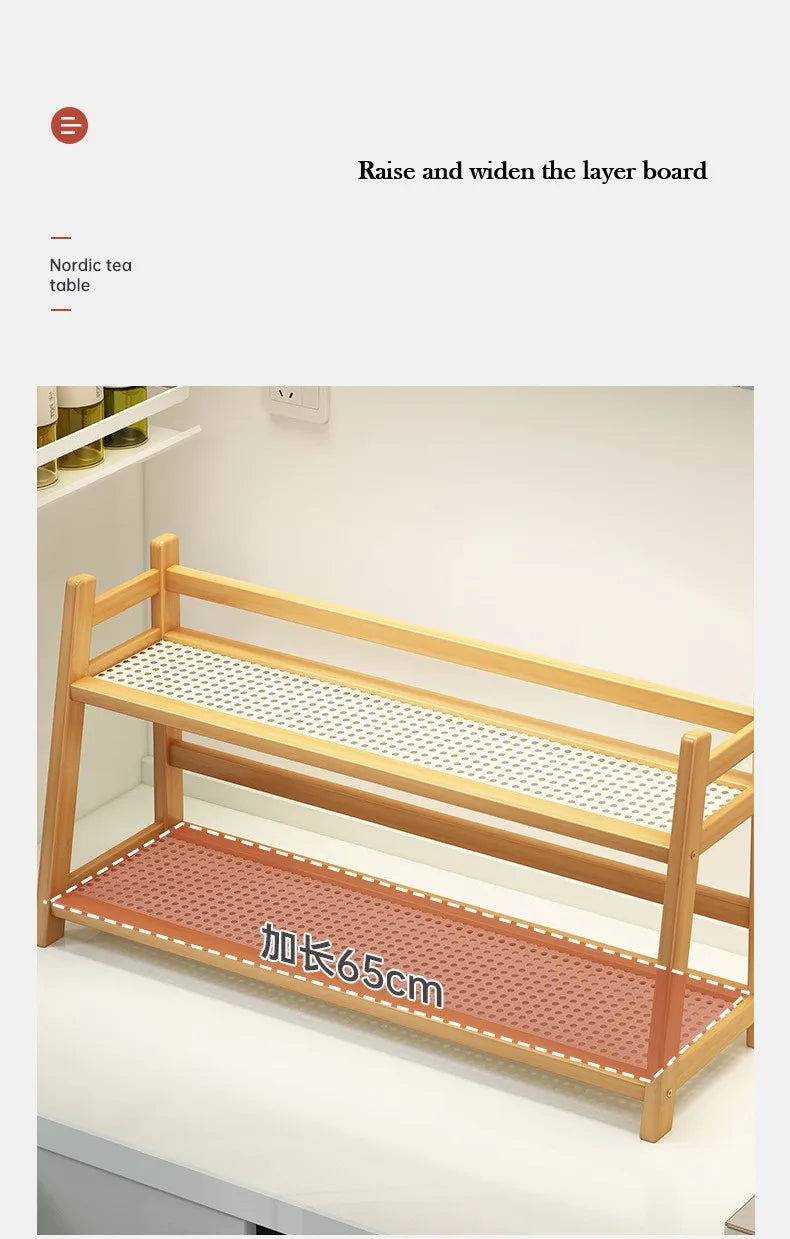 2 Layer Spice Caddy Shelf Bamboo Kitchen Storage Rack Desktop Cabinet Organizer Display Rack Coffee Bar Counter Shelf Cup Holder