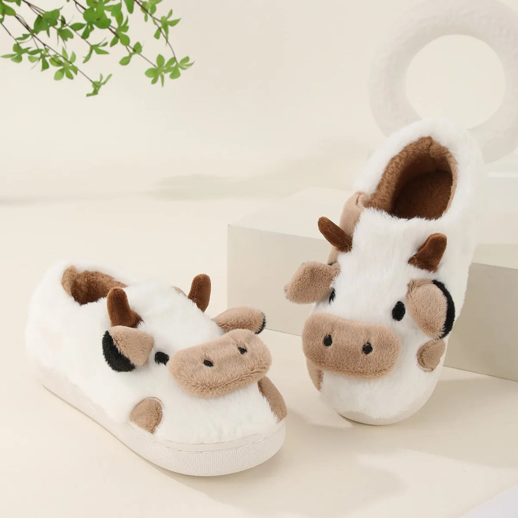 New winter neutral cartoon cow warm plush slippers for couples, indoor anti slip home slippers for men and women, home cotton sh