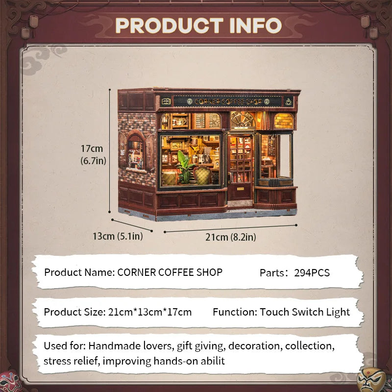 CUTEBEE Book Nook Kit DIY Doll House with LED Light Bookshelf Insert – Corner Coffee Shop Miniature Model for Birthday & Family Gifts