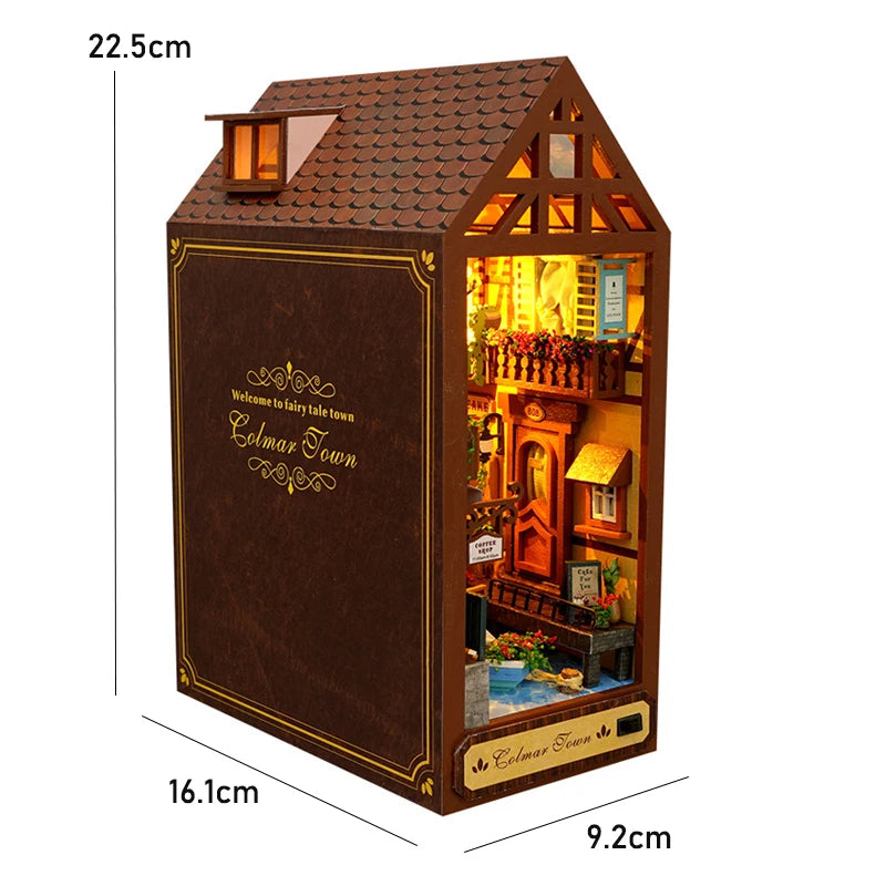 Wooden Mini Doll House DIY Book Nook Kit – Assembly Model 3D Puzzle Bookend Toys Bookshelf Insert Decor with LED Light for Xmas Gifts