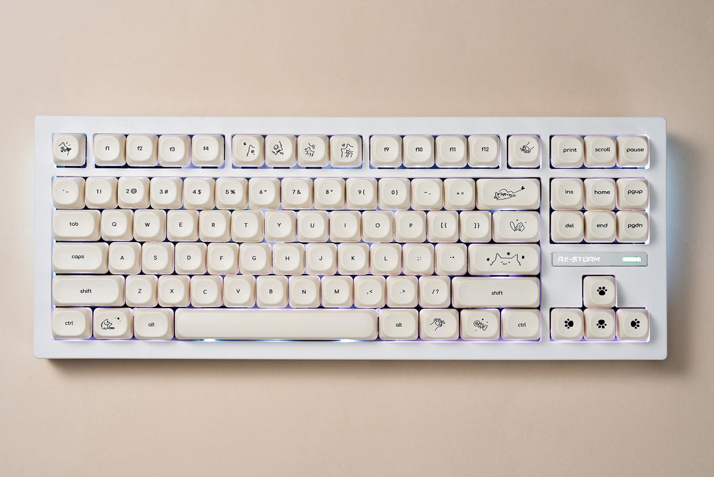 124 key Cute Cat Keycaps PBT Sublimation Moa Ball Cap White Minimalist Small Font Mechanical Keyboard Keycaps Korean English