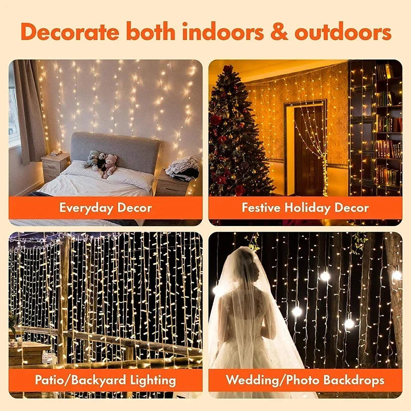 3M LED Curtain String Lights – Fairy Decoration USB Holiday Garland Lamp with 8 Modes for Home, Garden, Christmas, Party, New Year &amp; Wedding