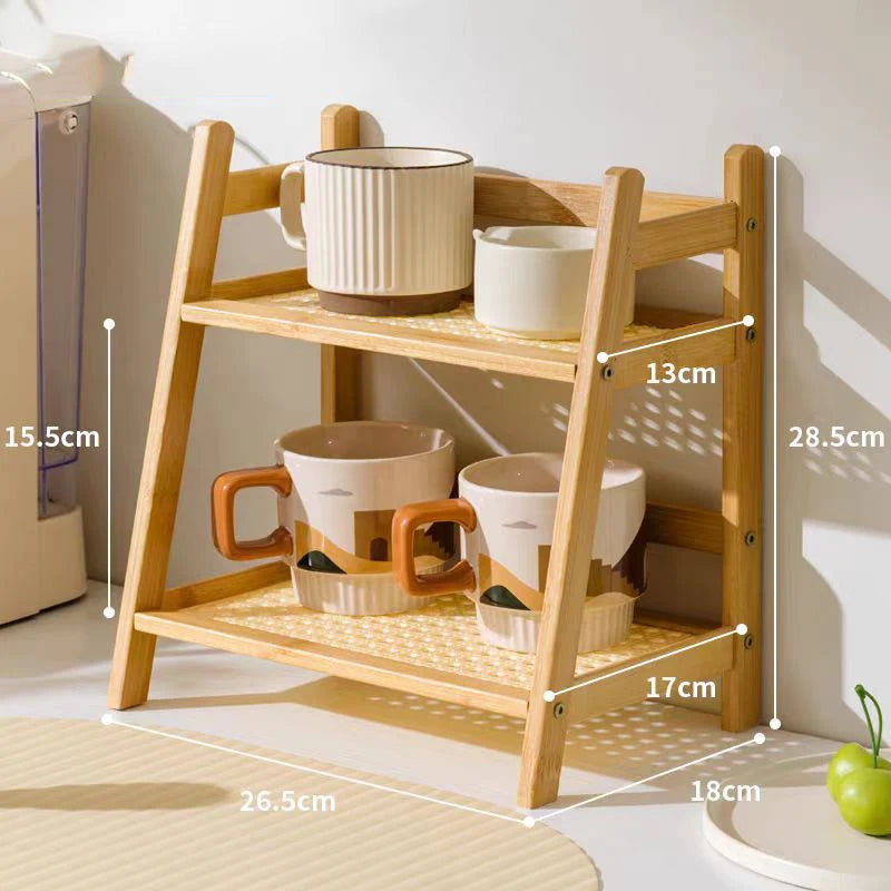 2 Layer Spice Caddy Shelf Bamboo Kitchen Storage Rack Desktop Cabinet Organizer Display Rack Coffee Bar Counter Shelf Cup Holder