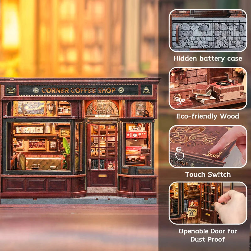 CUTEBEE Book Nook Kit DIY Doll House with LED Light Bookshelf Insert – Corner Coffee Shop Miniature Model for Birthday & Family Gifts