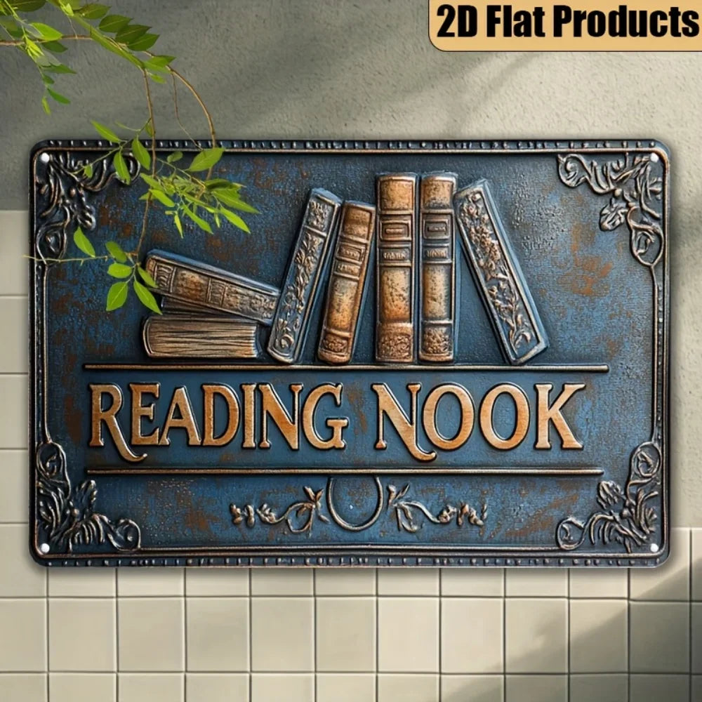 Vintage "Reading Nook" Metal Wall Decor - Retro 2D Flat Plaque for Home Office - Bookworms Ideal Gift