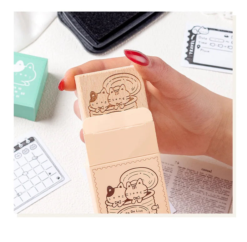 Memo Cat Box Wooden Hand Account Seal Retro Cat Schedule Plan Beech Wood Seal Daily Memo Seal School Supplies Assorted Stamp