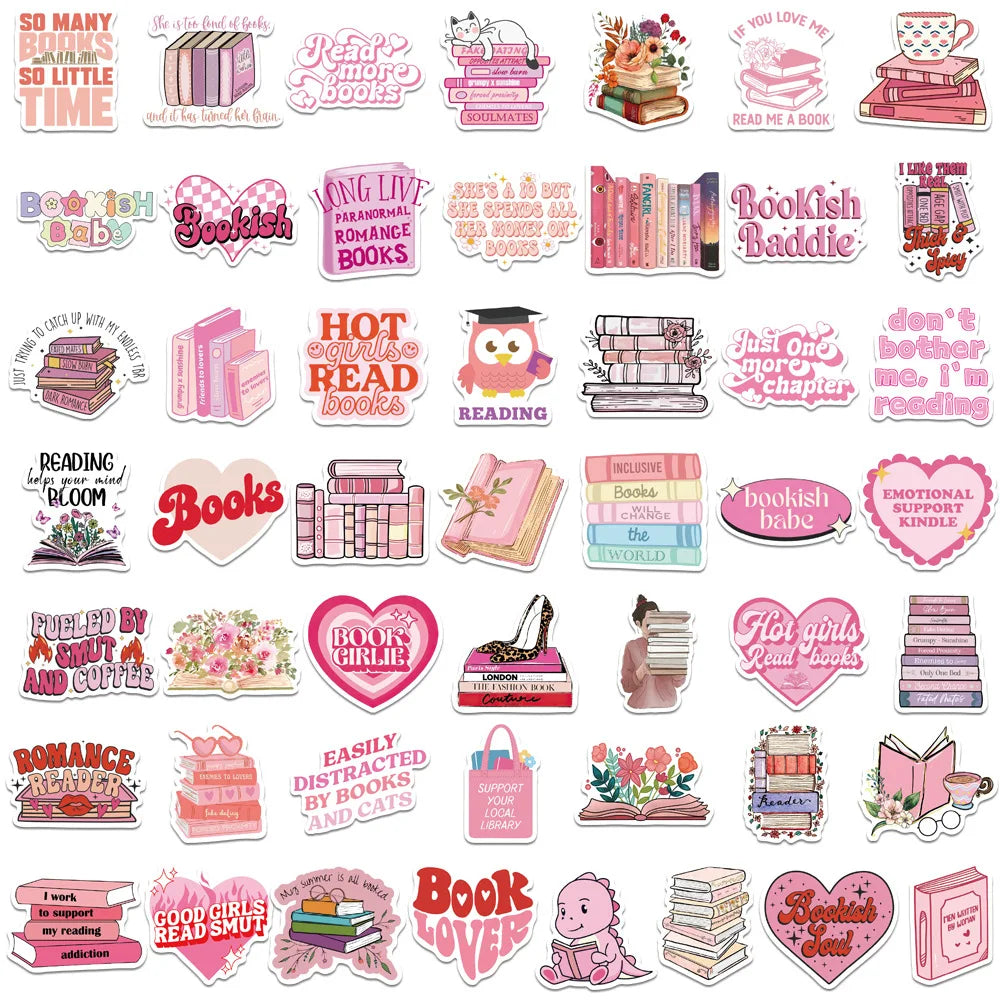 10/25/50pcs Pink Book Reading Graffiti Stickers for DIY Decor Stationery Suitcase Bottle Phone Laptop Skateboard Scrapbooking