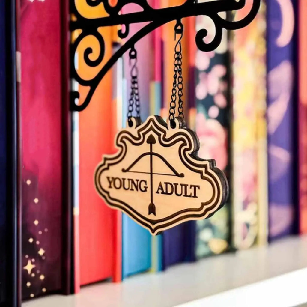 Book Nook Tavern Signs– Genre Shelf Labels with Hanging Brackets, Tavern-Style Book Nook Decor, Bookshelf Genre Signs for Home