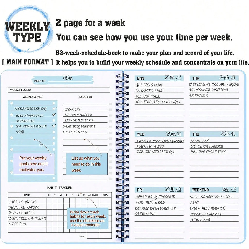 52 Weeks Weekly Planner Notebook A5 Undated Spiral Agenda Daily Student Schedules Journal Stationery Office School Supplies