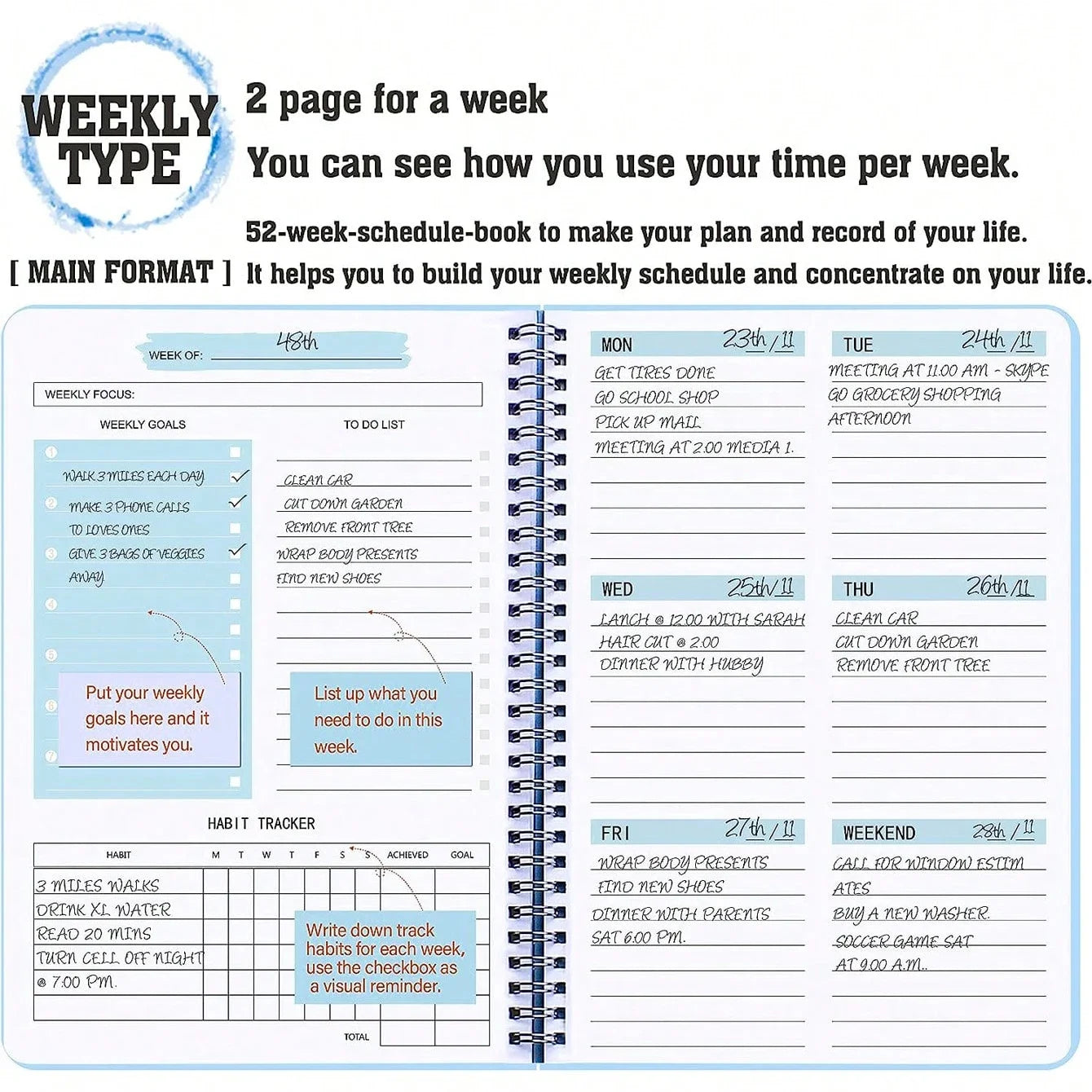 52 Weeks Weekly Planner Notebook A5 Undated Spiral Agenda Daily Student Schedules Journal Stationery Office School Supplies