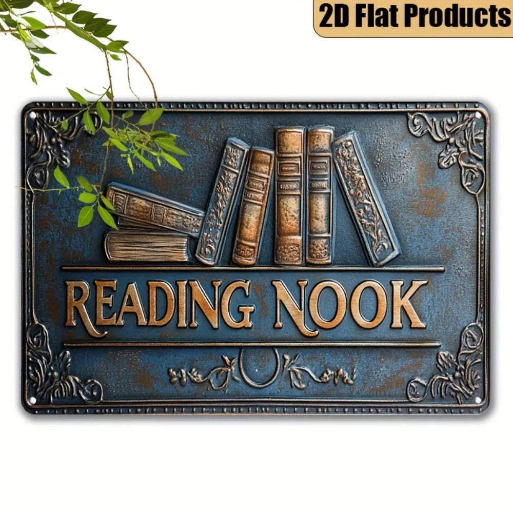 Vintage "Reading Nook" Metal Wall Decor - Retro 2D Flat Plaque for Home Office - Bookworms Ideal Gift