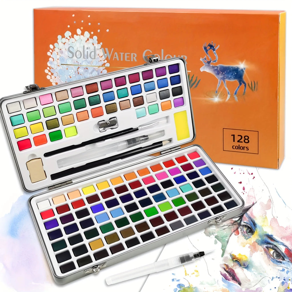 Deluxe Watercolor Paint Set with Brushes and Pencil 168 Vibrant Colors Non-Toxic Portable Metal Case Complete Art Supplies Kit