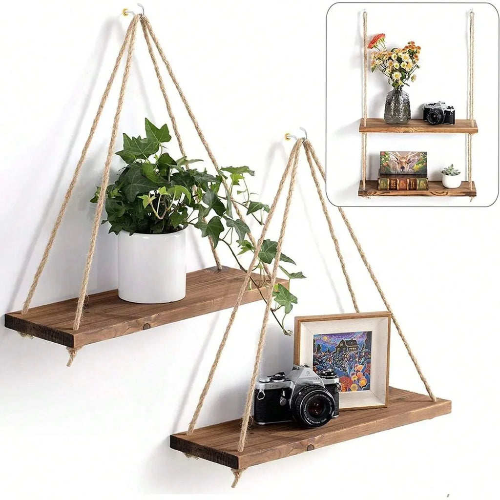 1PC Wooden Swing Hanging Hemp Rope Wall Shelf – Mounted Floating Plant Flower Pot Tray for Storage & Garden Decoration