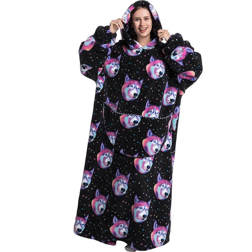 Flannel Wearable Blanket Hoodie with Pocket