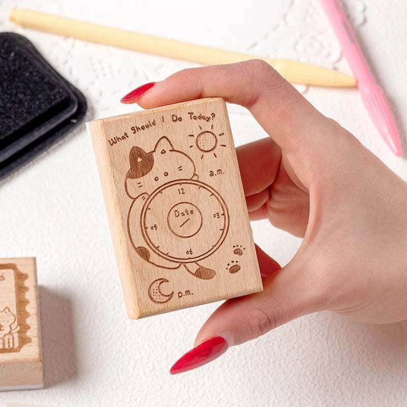 Memo Cat Box Wooden Hand Account Seal Retro Cat Schedule Plan Beech Wood Seal Daily Memo Seal School Supplies Assorted Stamp