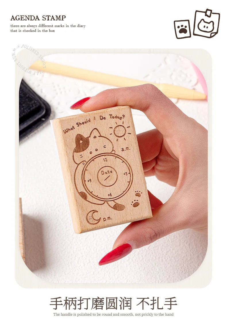 Memo Cat Box Wooden Hand Account Seal Retro Cat Schedule Plan Beech Wood Seal Daily Memo Seal School Supplies Assorted Stamp