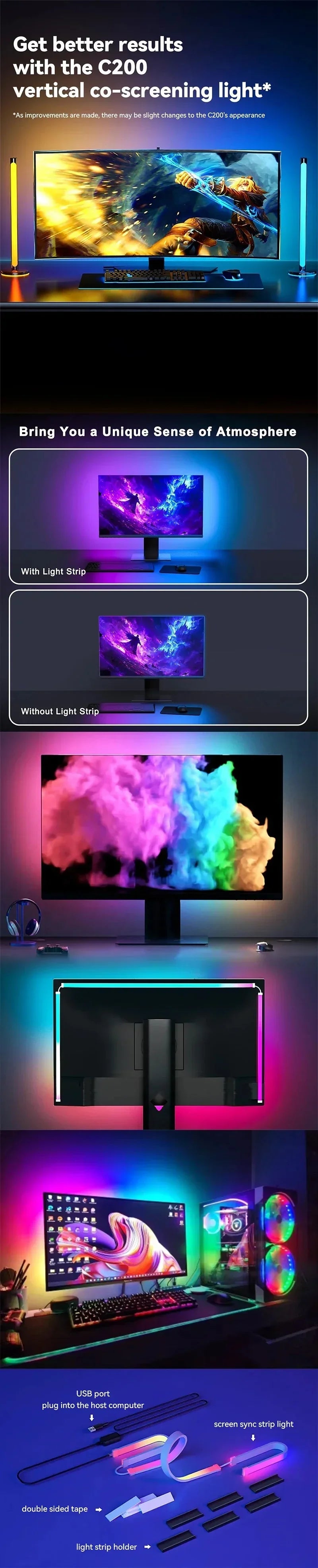LED Sync RGB LED Strip Lights for 24-34 Inch Monitor USB-Powered Backlight Pickup Atmosphere Lights for Gaming Room Desk Decor