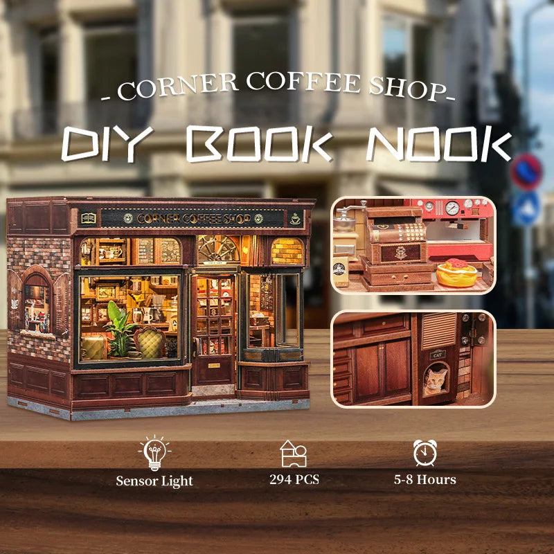 CUTEBEE Book Nook Kit DIY Doll House with LED Light Bookshelf Insert – Corner Coffee Shop Miniature Model for Birthday & Family Gifts