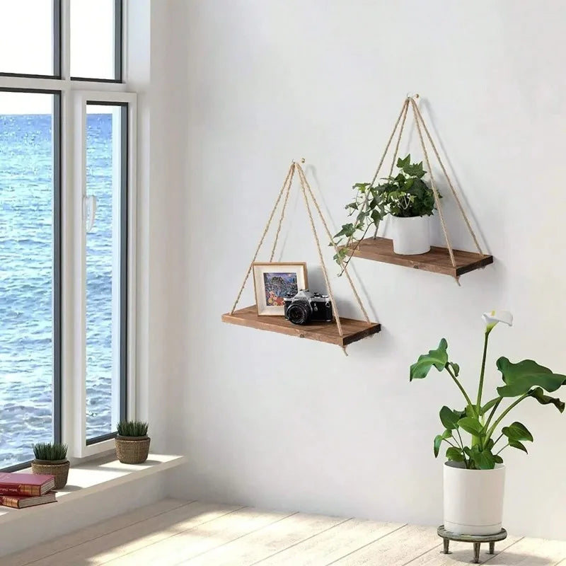 1PC Wooden Swing Hanging Hemp Rope Wall Shelf – Mounted Floating Plant Flower Pot Tray for Storage & Garden Decoration